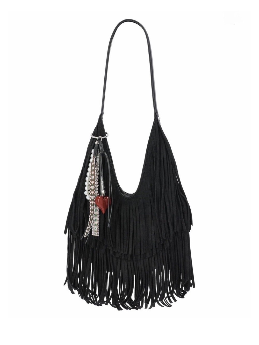 Madden NYC Black Fringe Shoulder Bag Purse w/ Heart ,Pearls Charms Inner Pockets - Picture 1 of 4